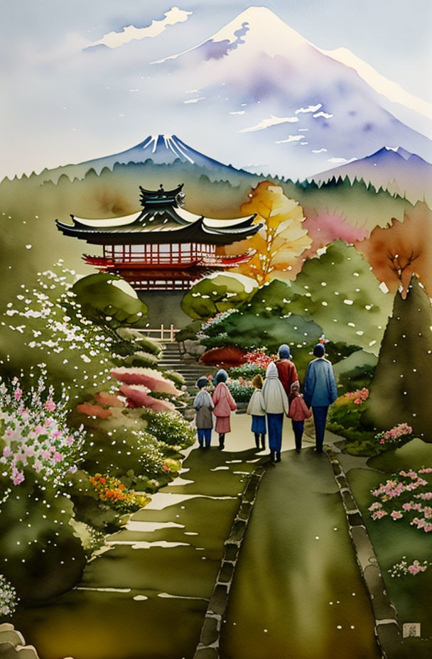 Group of People Walking to Traditional Asian Temple with Mount Fuji Backdrop