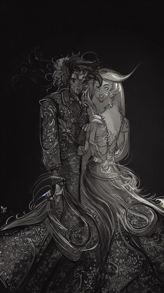 Monochrome illustration of a fanciful couple in ornate attire