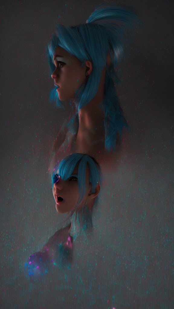 Surreal digital artwork: Mirrored profiles, blue hair, abstract glitter effect