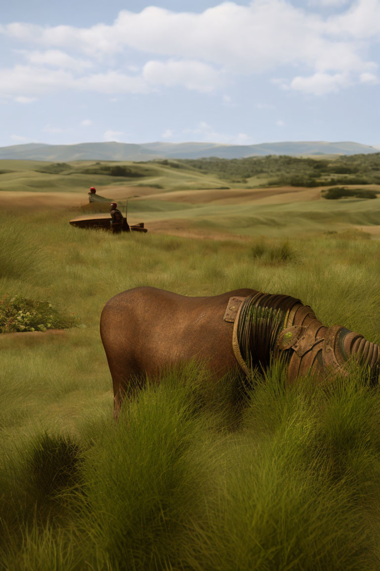 Rusted metal elephant sculpture in grassy field with hills and person under umbrella