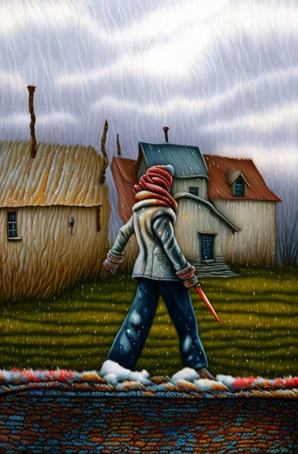 Person in red beanie walks on colorful path with umbrella, whimsical houses, stormy sky