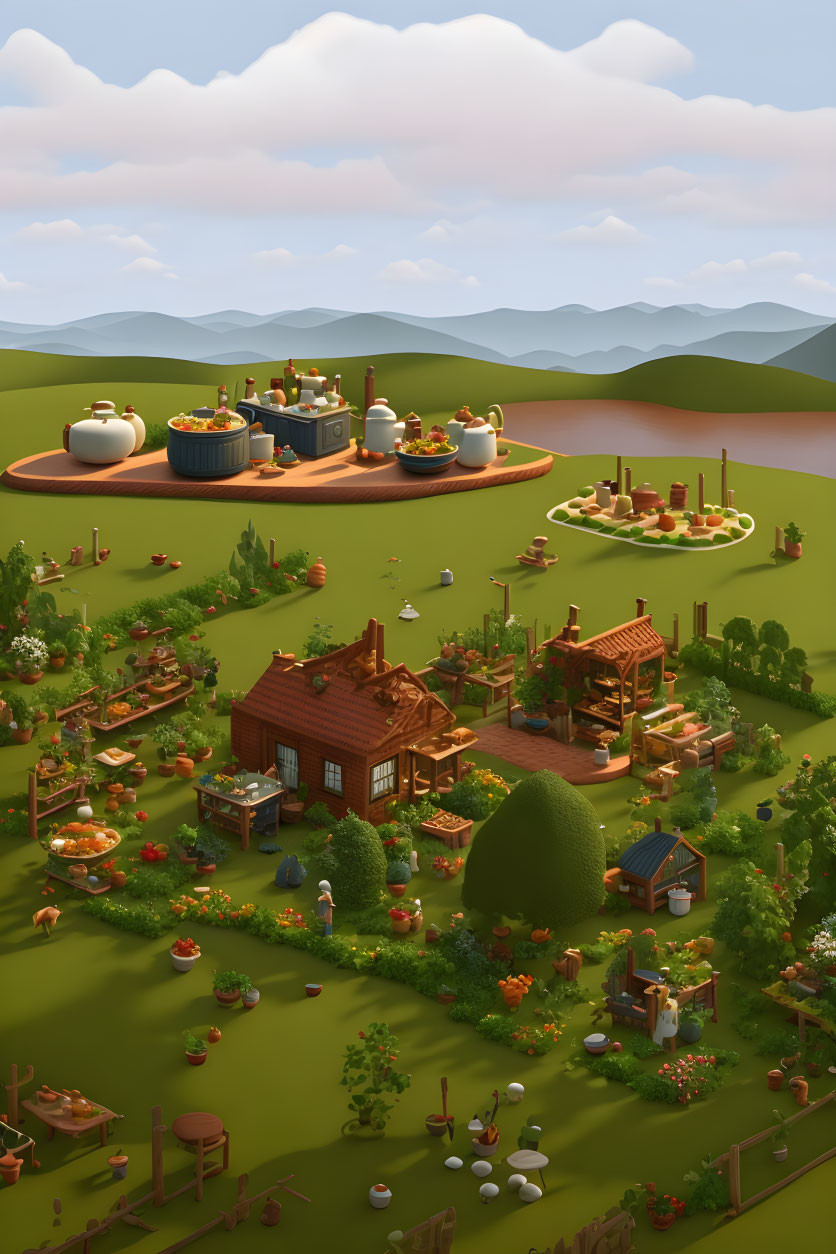 Colorful rural landscape with farmlands, buildings, gardens, and agriculture activities.