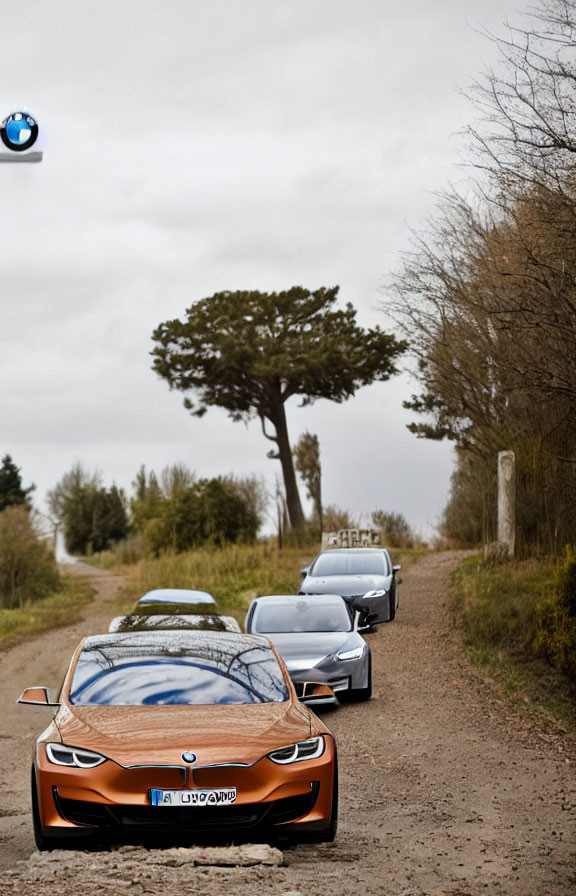 Luxury BMW i8 sports car in convoy on rural dirt road under overcast skies