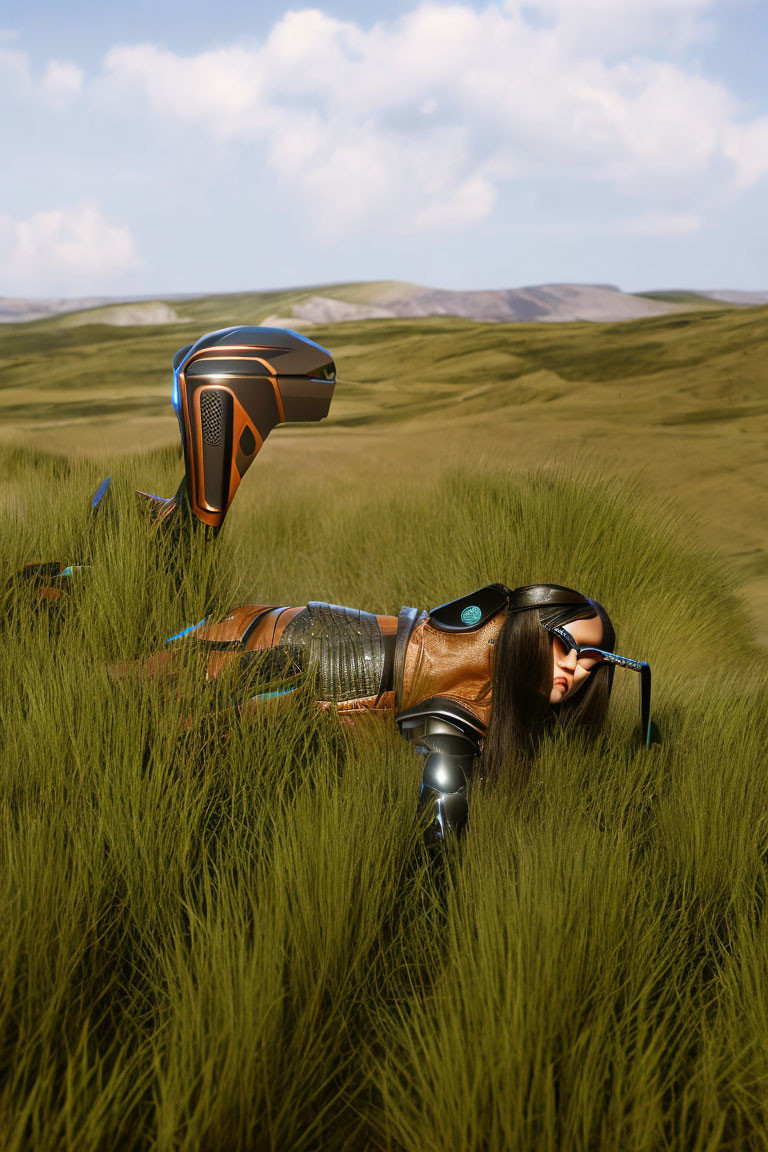 Futuristic female figure in leather suit with helmet in grass against hilly backdrop