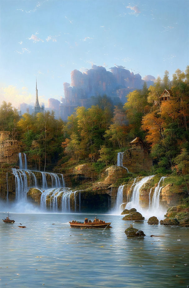 Tranquil painting of boats on river with waterfalls, autumn trees, and cliffs