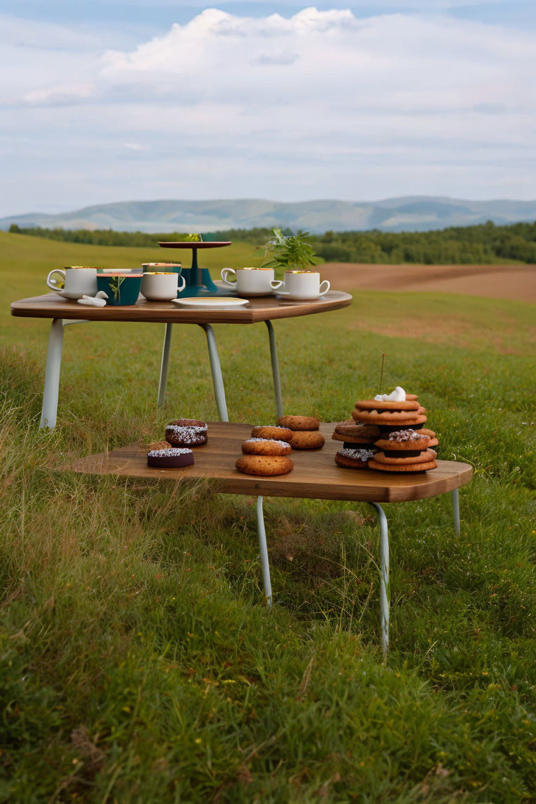 Outdoor wooden table with teacups, teapot, plants, and donuts overlooking scenic field and