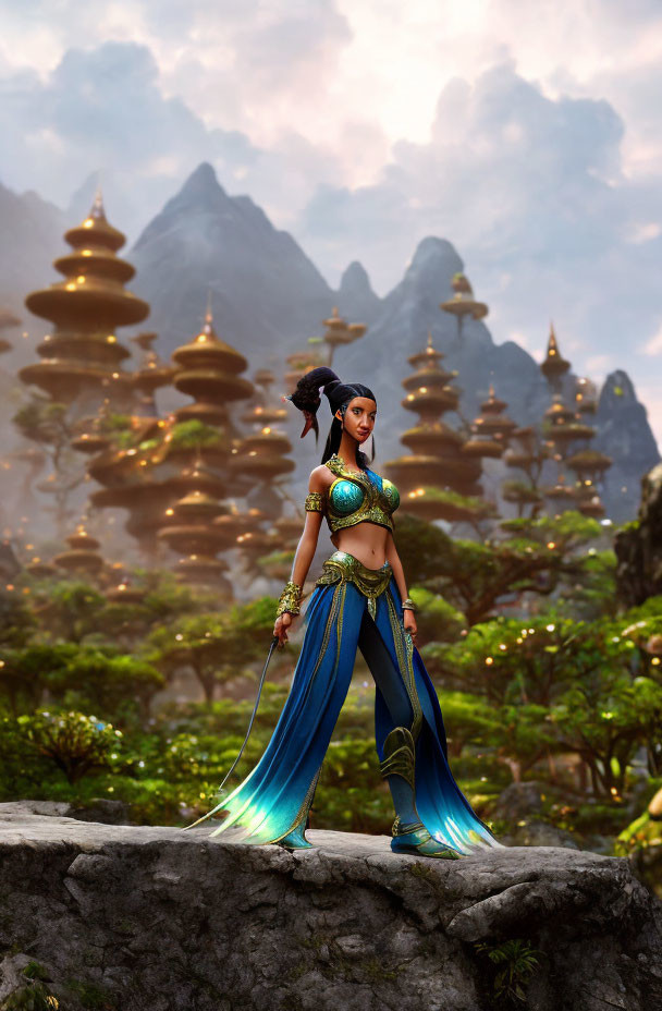 Regal animated woman in blue and green outfit on rock with pagoda-style structures.