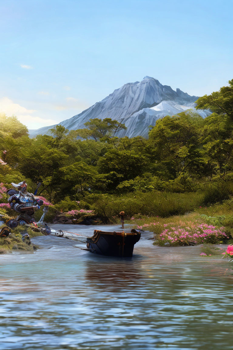 Tranquil landscape with boat, pink flowers, mountain, and blue sky