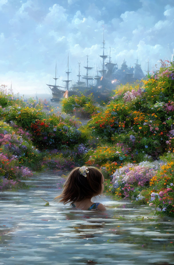 Child in flower-fringed stream gazes at distant sailing ships under cloudy sky