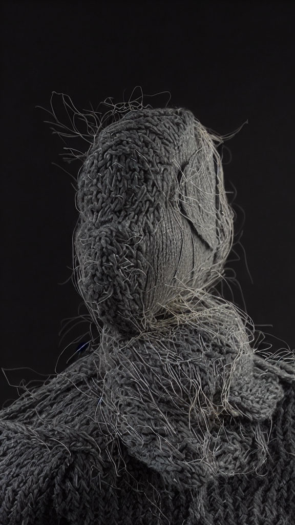 Abstract person covered in grey yarn on black background