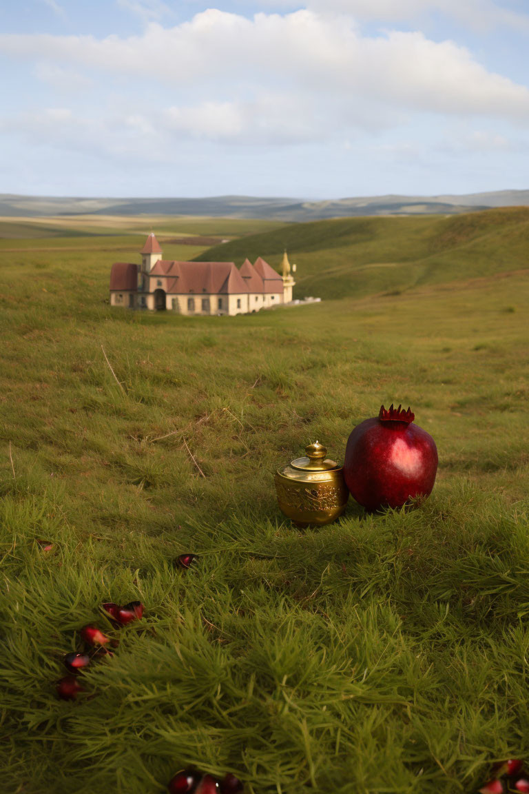 Tranquil landscape with church, hills, pomegranate, and golden object