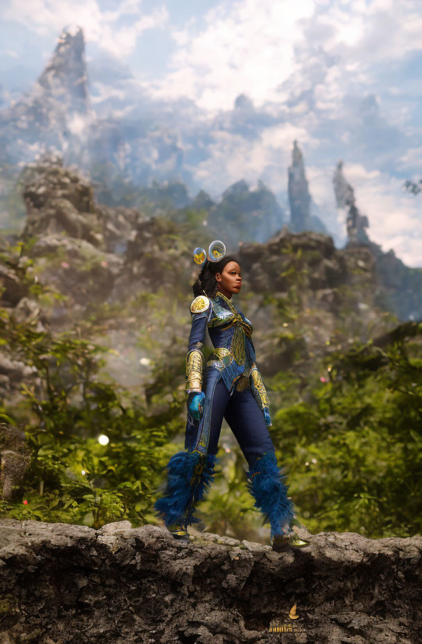 Fantasy armor-clad woman with blue feather accents on rocky terrain