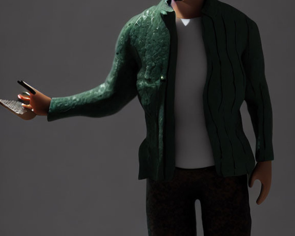 Stylized figurine of a man in green jacket with smartphone