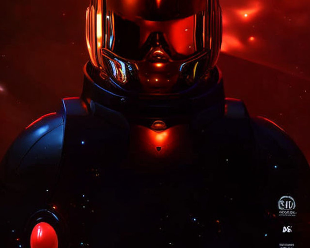 Futuristic astronaut poster with red and black hues and sci-fi logos