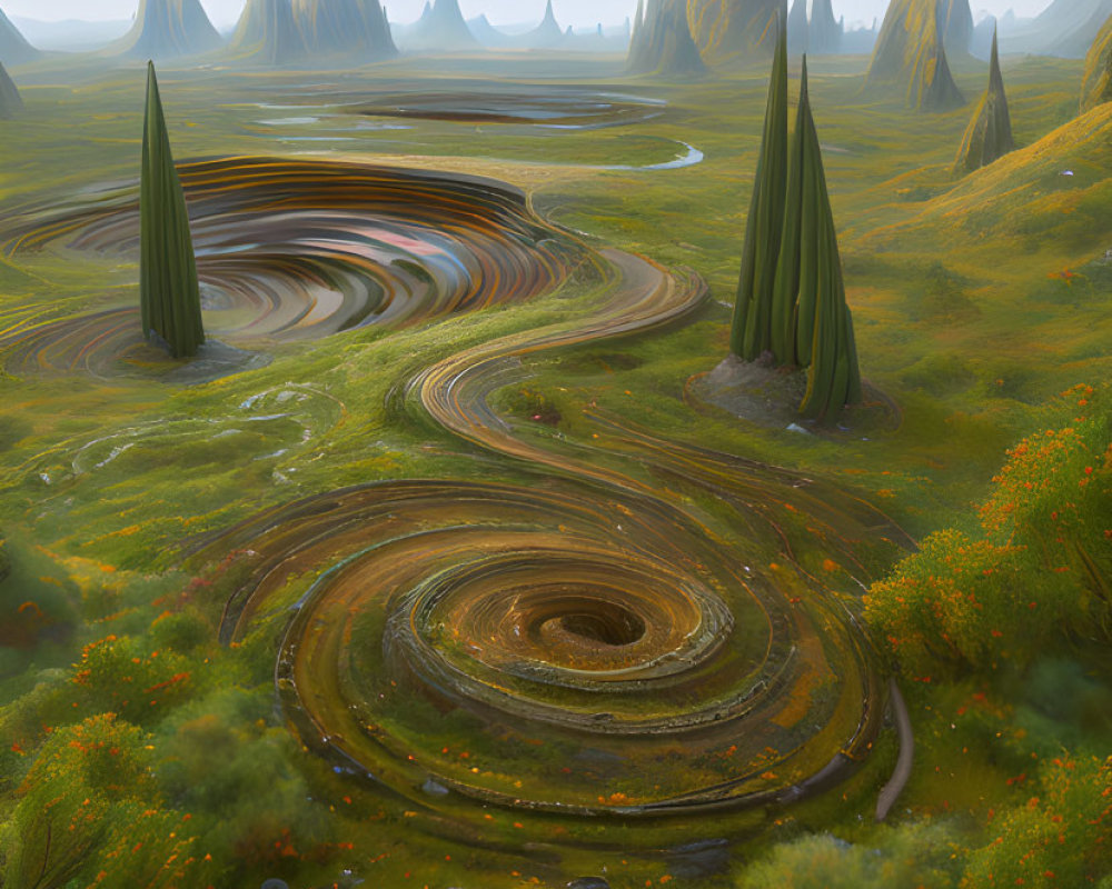 Fantastical landscape with swirling earth patterns and towering spires