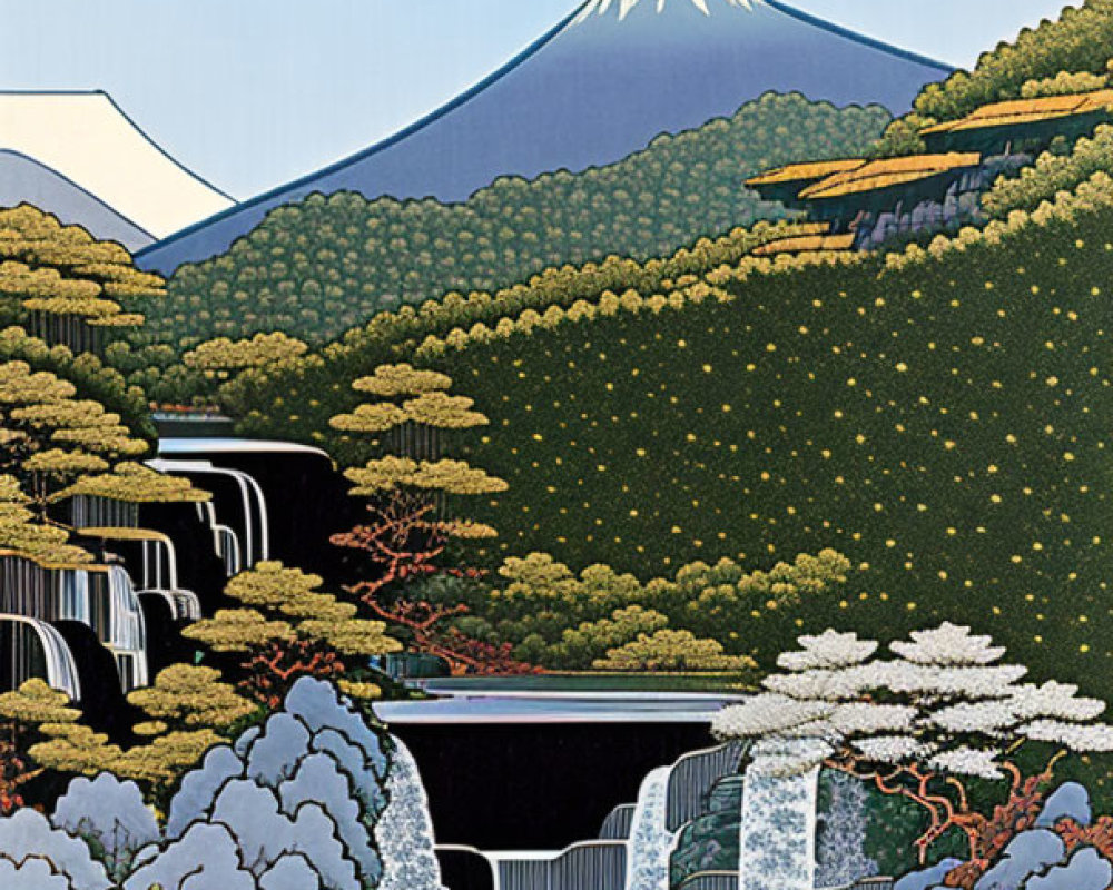 Japanese Woodblock Print: Mount Fuji, Waterfall, Lake, Greenery