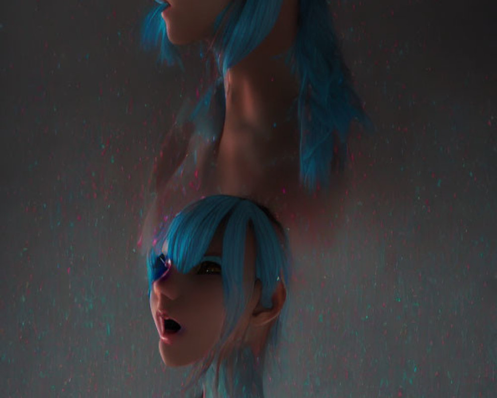 Surreal digital artwork: Mirrored profiles, blue hair, abstract glitter effect