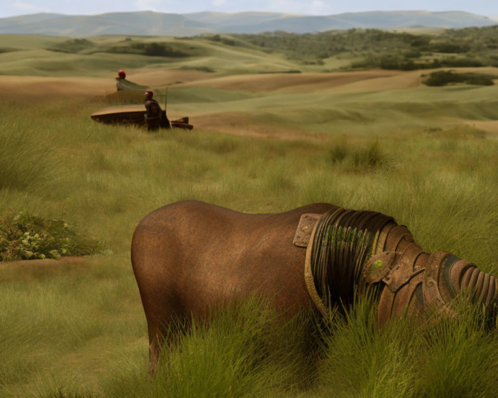 Rusted metal elephant sculpture in grassy field with hills and person under umbrella