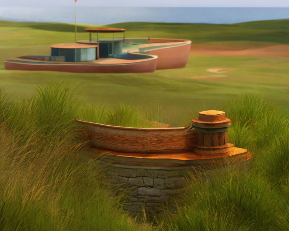 Tranquil golf course with circular clubhouse, flag, and wooden bench