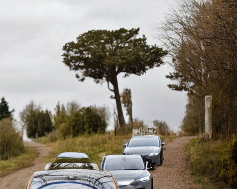 Luxury BMW i8 sports car in convoy on rural dirt road under overcast skies