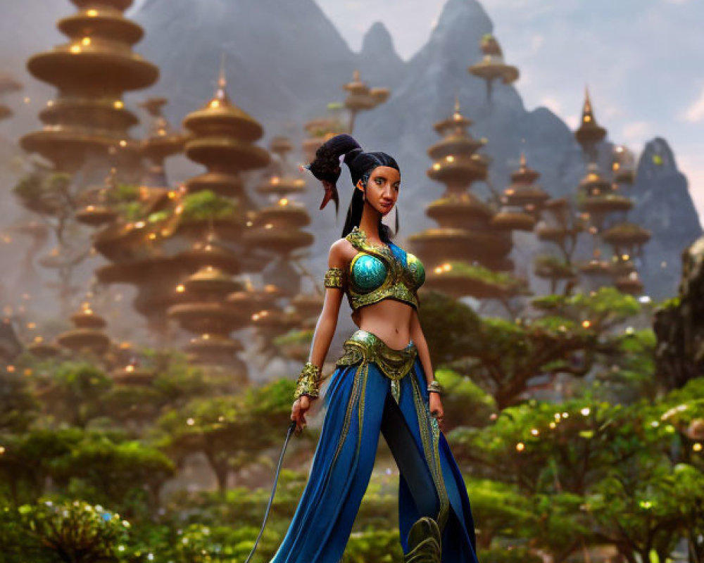 Regal animated woman in blue and green outfit on rock with pagoda-style structures.