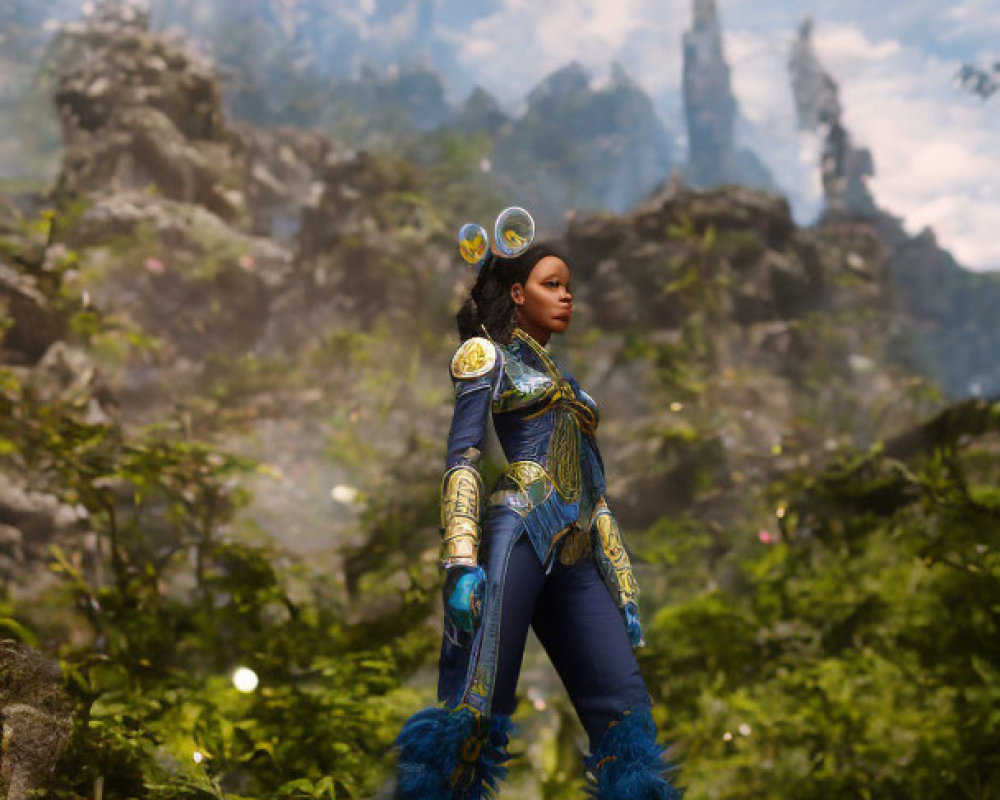 Fantasy armor-clad woman with blue feather accents on rocky terrain