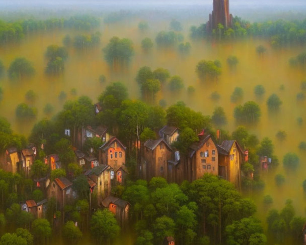 Scenic village with misty atmosphere and tall tower amidst green trees