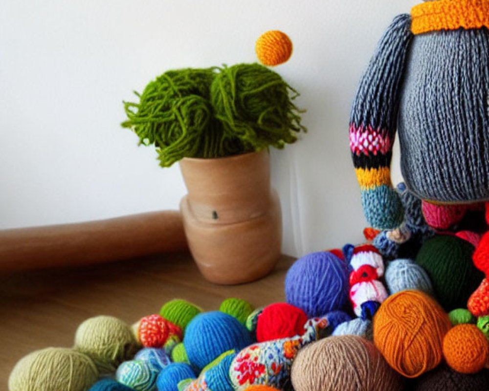 Vibrant yarn balls and knitted toys on table with plant pot