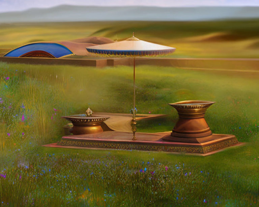 Tranquil landscape with hookah, umbrella, tent, wildflowers, and mountains