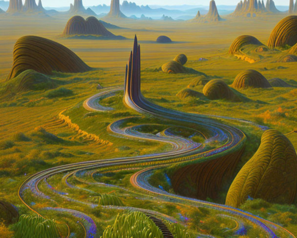 Curving road in surreal landscape with hills, unique flora, and flying saucers