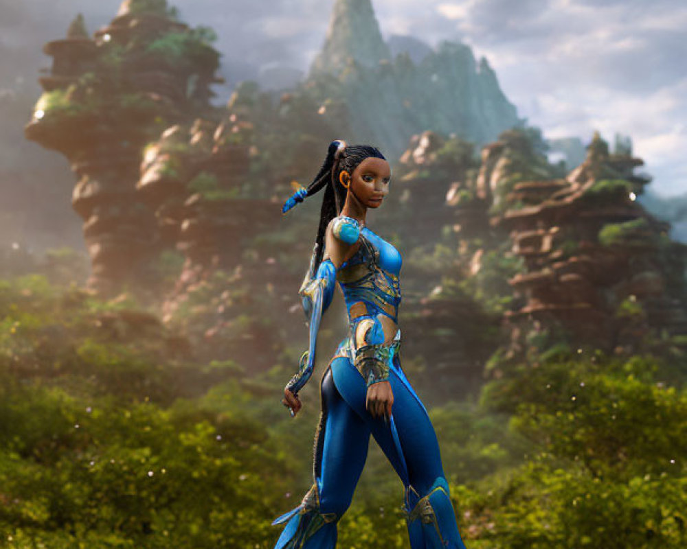 Fantasy character in blue ornate armor on stone platform with mountainous backdrop