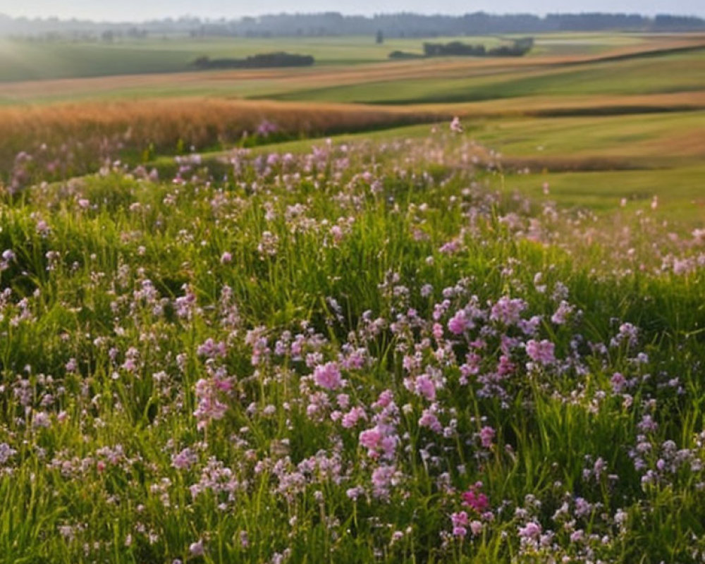 Tranquil landscape: purple flowers, green hills, hazy sky