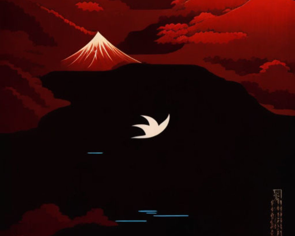 Layered Mount Fuji Silhouettes Poster with Birds and Japanese Text in Red and Black