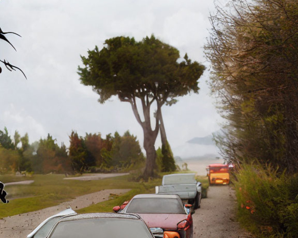 Convoy of sports cars on rural road with greenery and lone tree under hazy sky