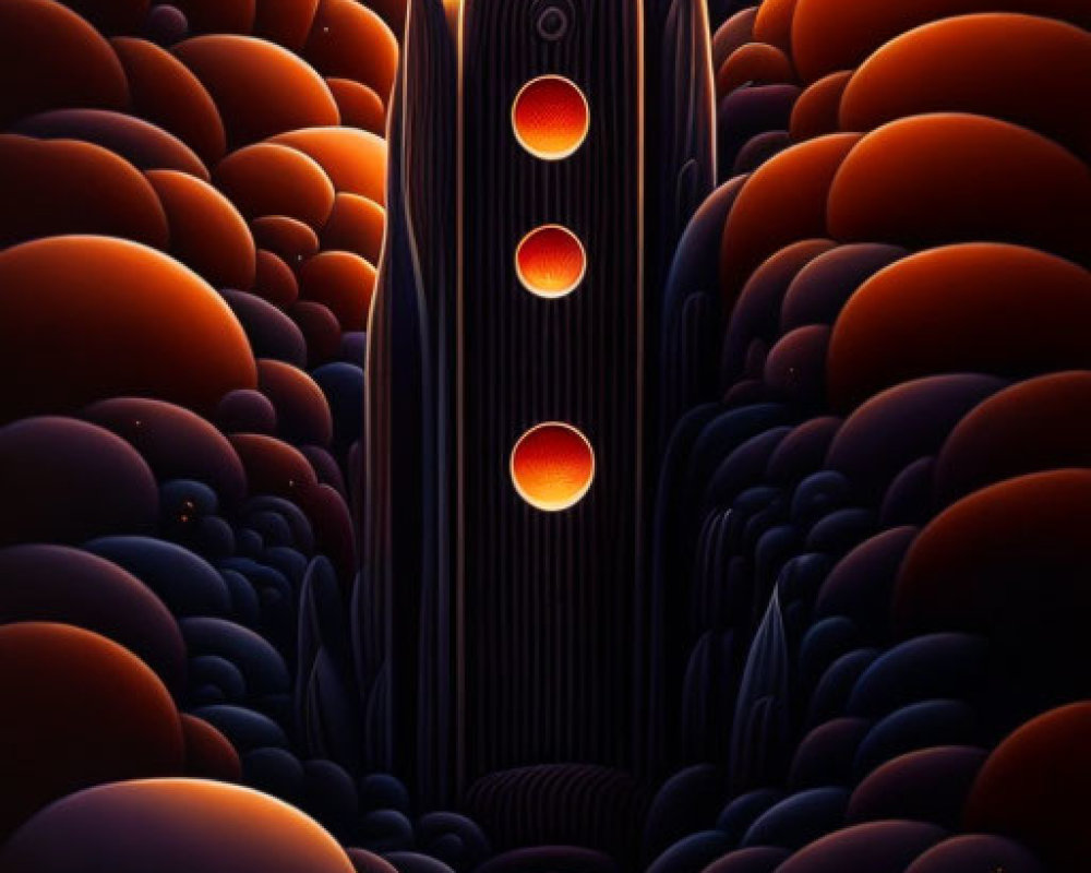 Surreal landscape with tall building, orange hills, and multiple moons.