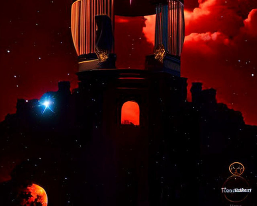 Stylized movie poster with domed structure, red sky, planets, logos, and text.