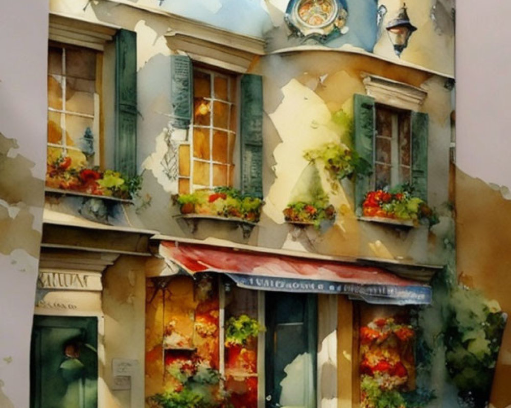 Vibrant watercolor art of a charming street corner with shops and hanging plants