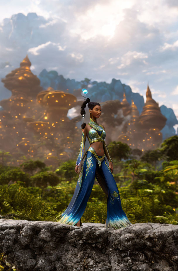 Woman with staff on stone wall, mystical golden-domed buildings in jungle landscape