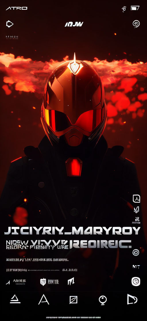 Futuristic Helmet with Glowing Red Visor on Dark Fiery Backdrop