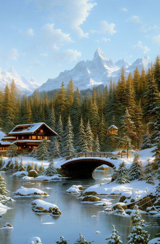 Snowy River Bridge and Cozy Cabin in Winter Wonderland