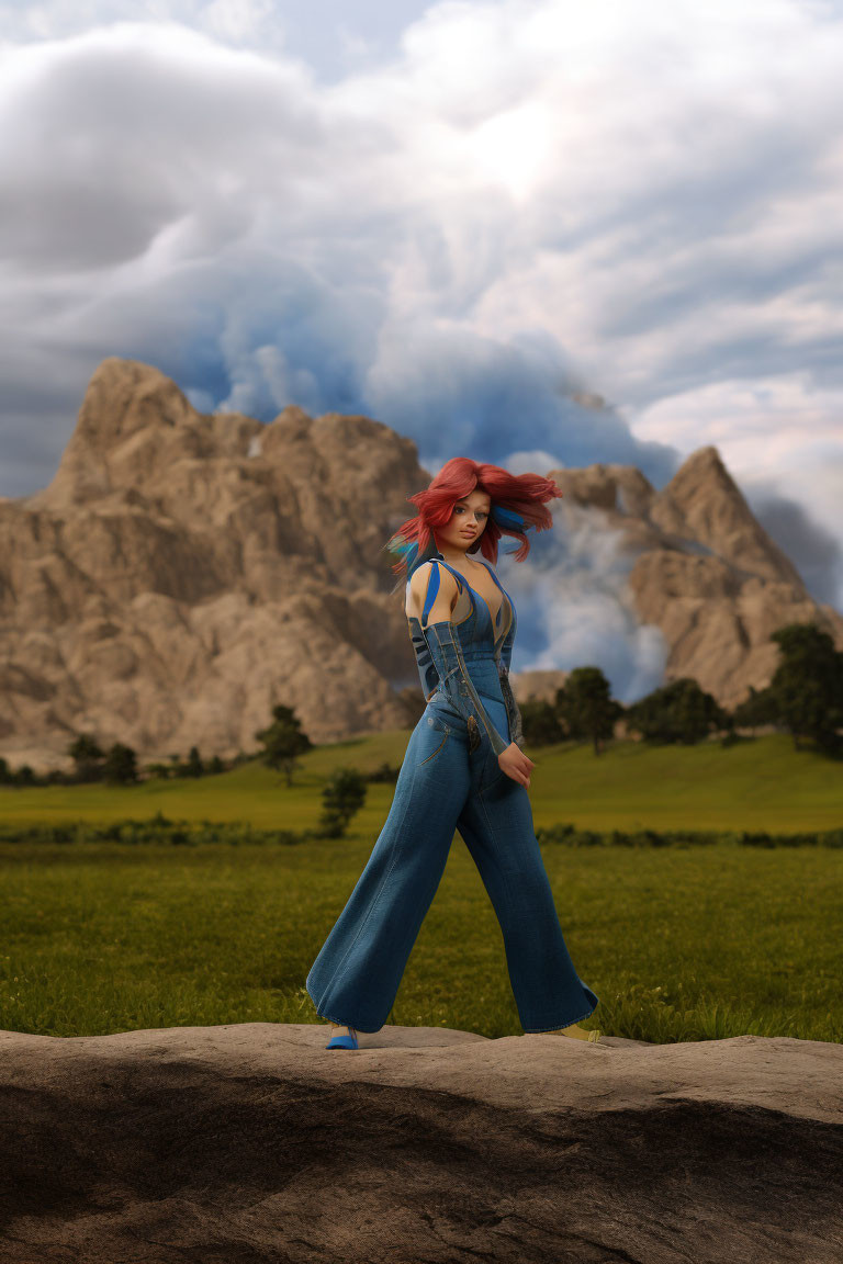 Red-haired person in denim overalls in field with mountainous backdrop