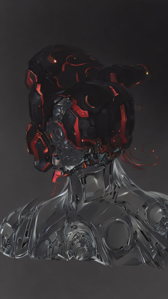 Futuristic robotic head fragmenting into red pieces on dark background