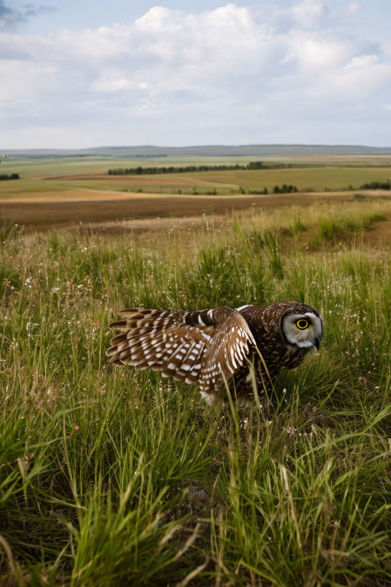 Owl flying over grassy field in countryside under overcast sky