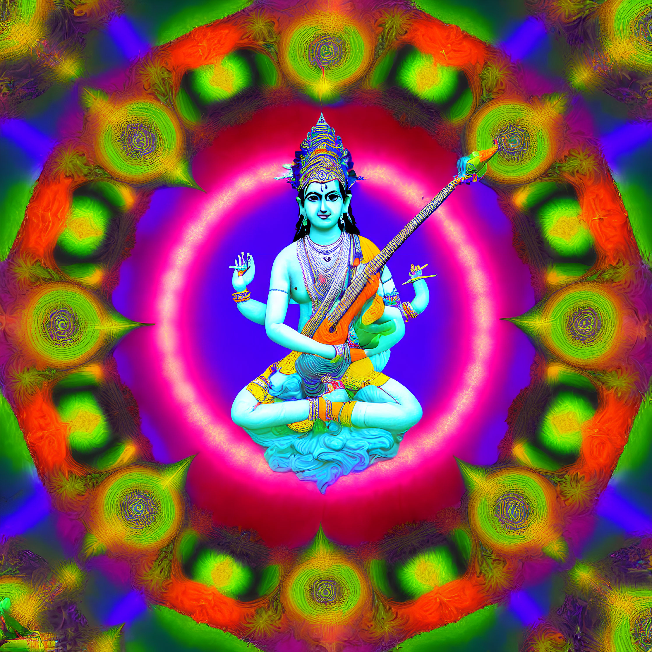 Four-armed deity seated on a cloud with colorful psychedelic background