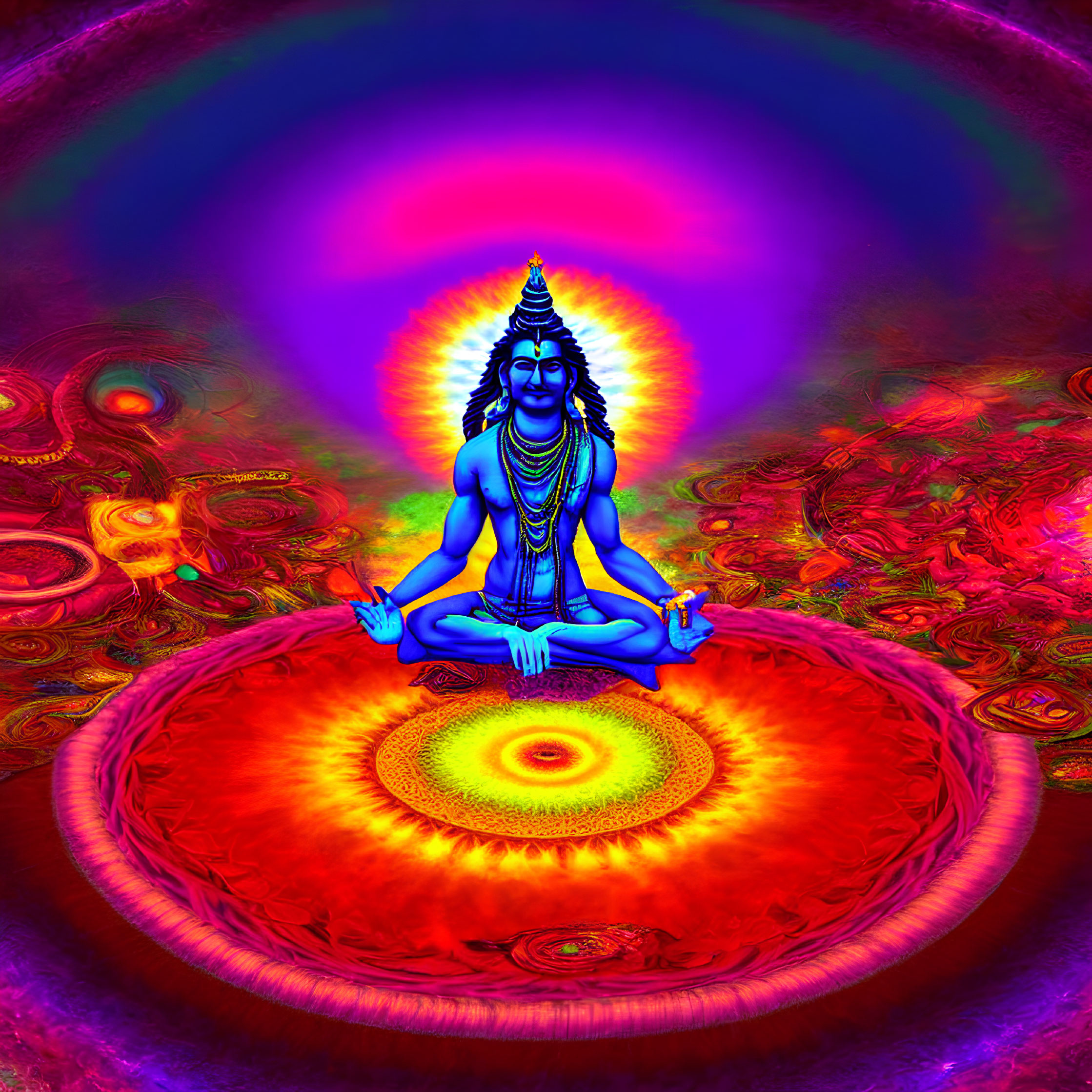 Colorful psychedelic deity meditating with glowing aura in intricate backdrop