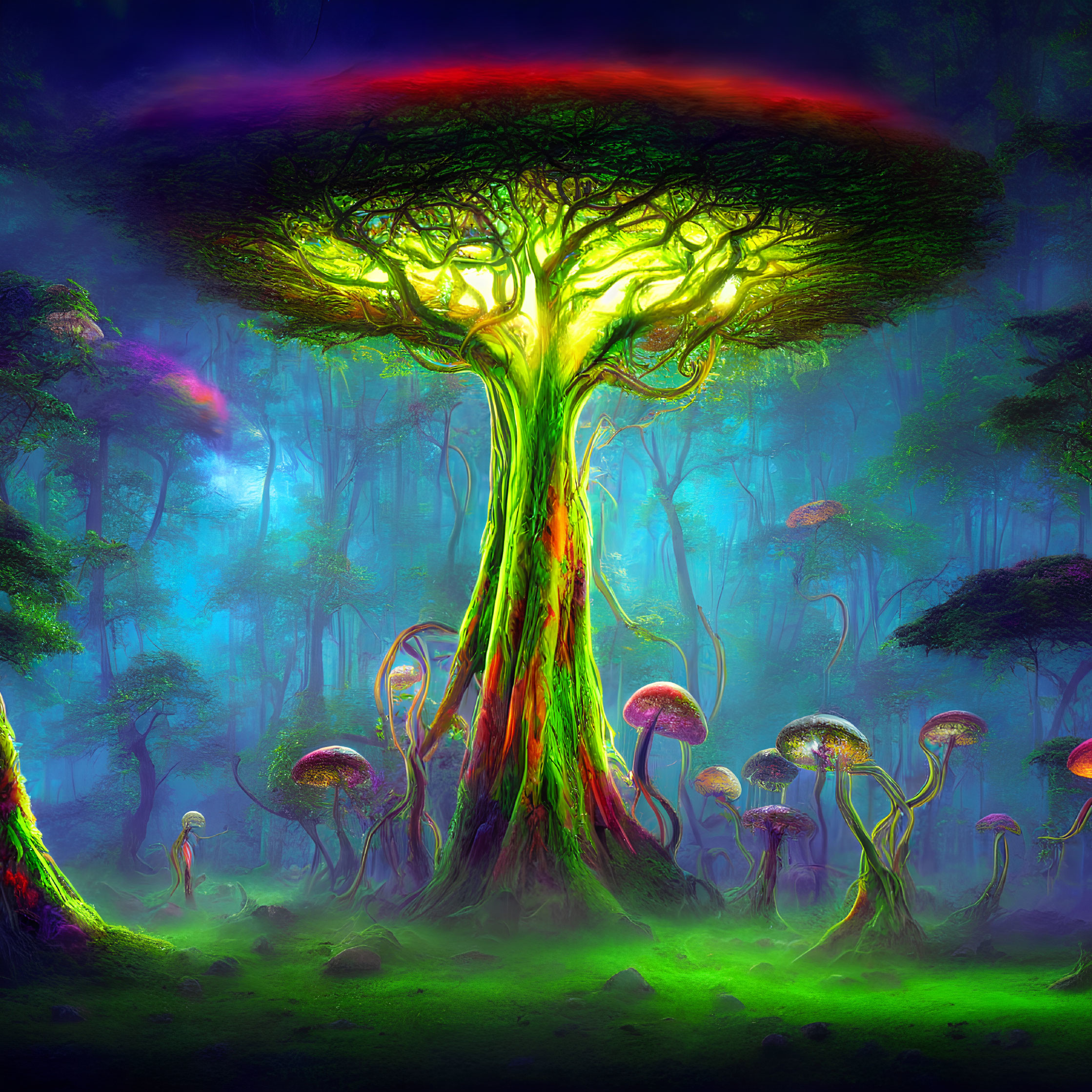 Luminous large tree in vibrant fantasy forest with glowing mushrooms