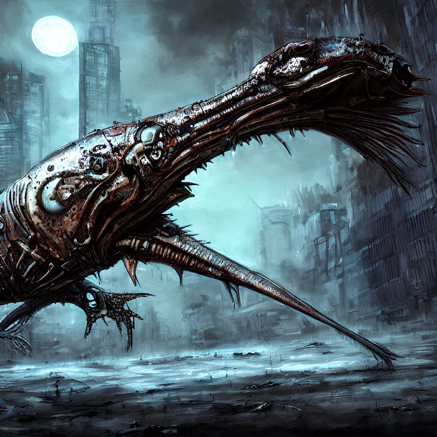 Cybernetic dragon in dystopian cityscape under pale moon