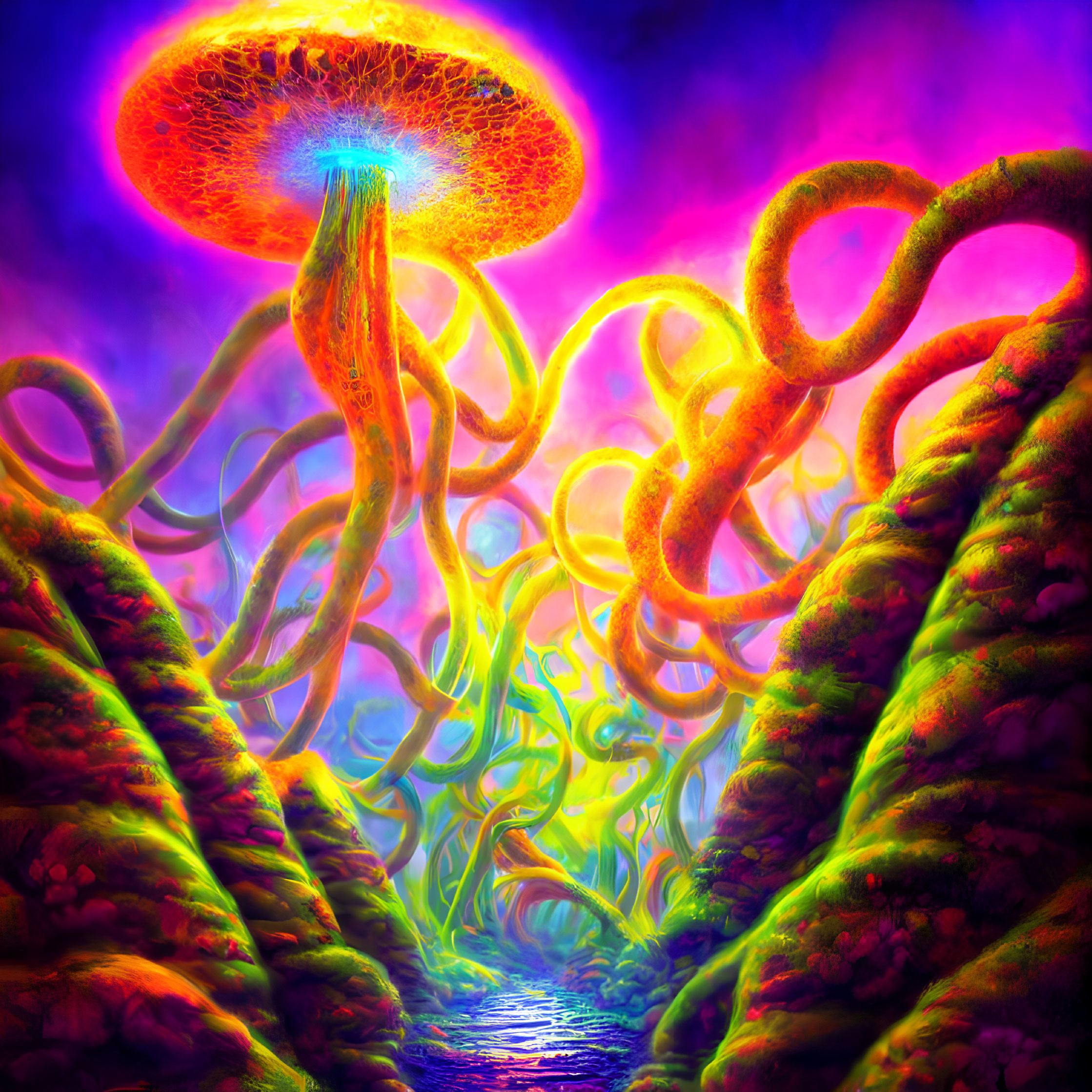 Colorful Psychedelic Landscape with Glowing Jellyfish Entity