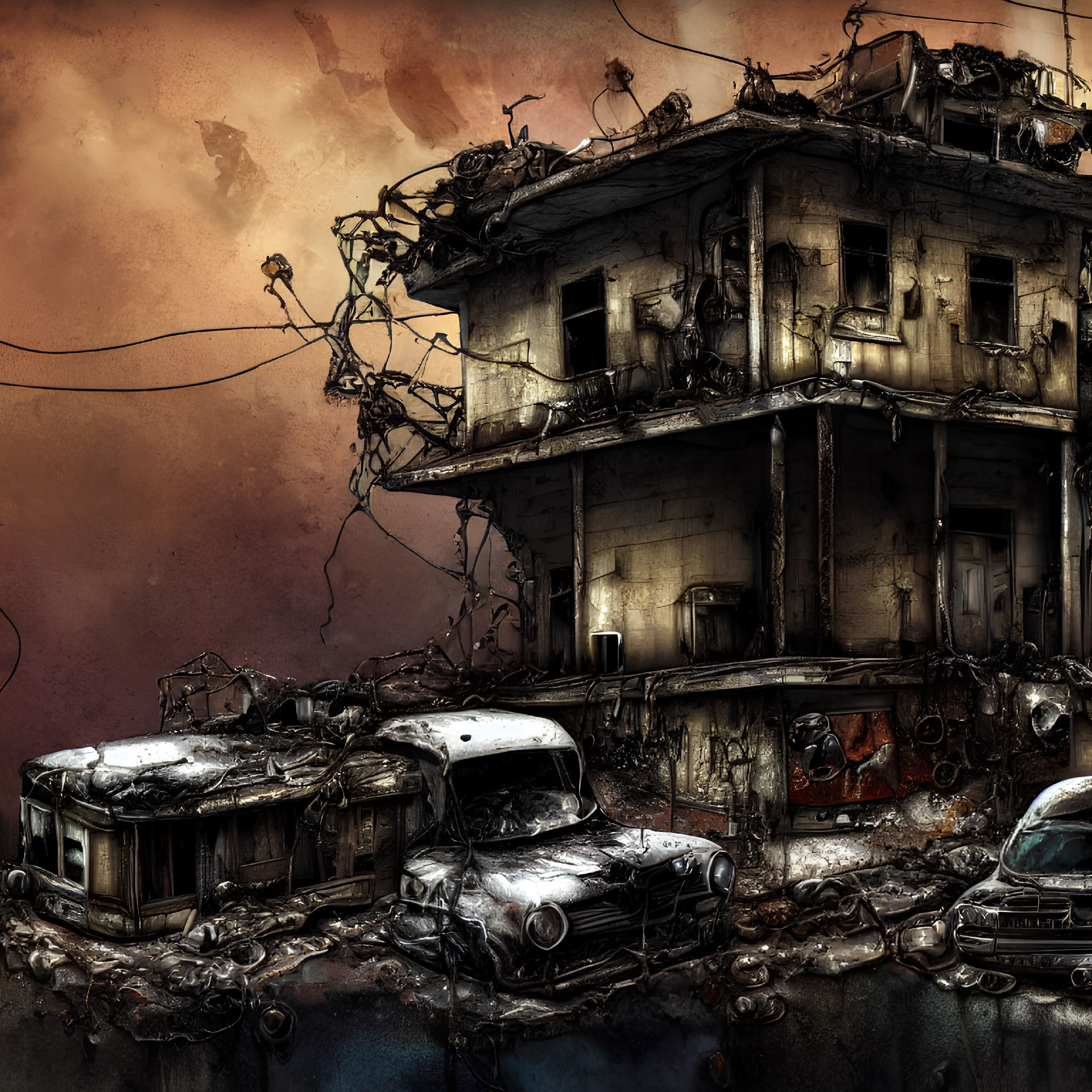 Dilapidated building and rusted cars in post-apocalyptic scene