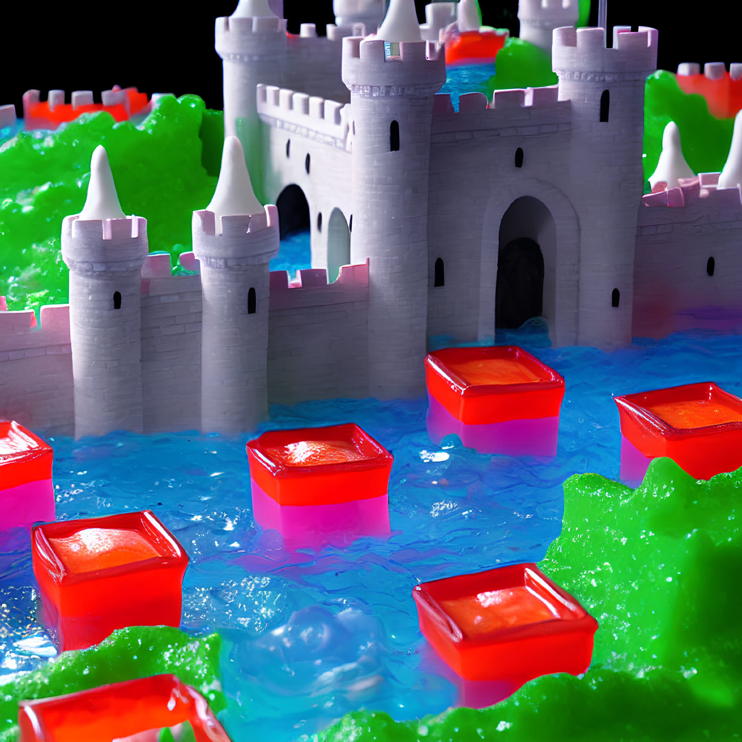 Fantasy-inspired diorama with gray castle, pink accents, moat, red boats, and green